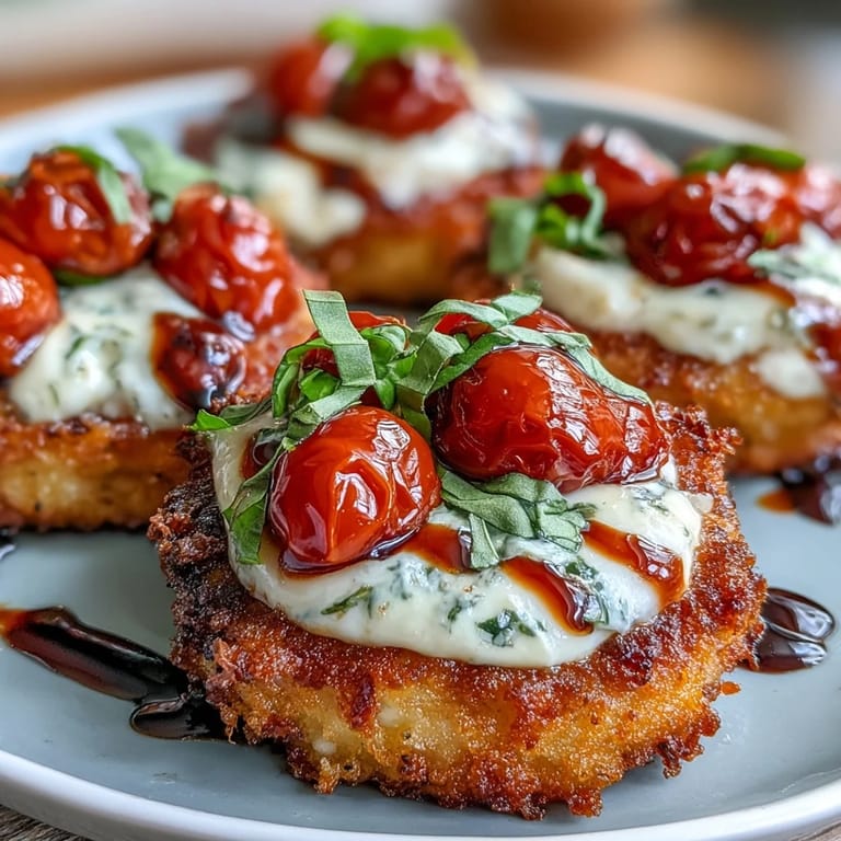 Vibrant assembled crispy rice Caprese salad, a delightful summer appetizer.