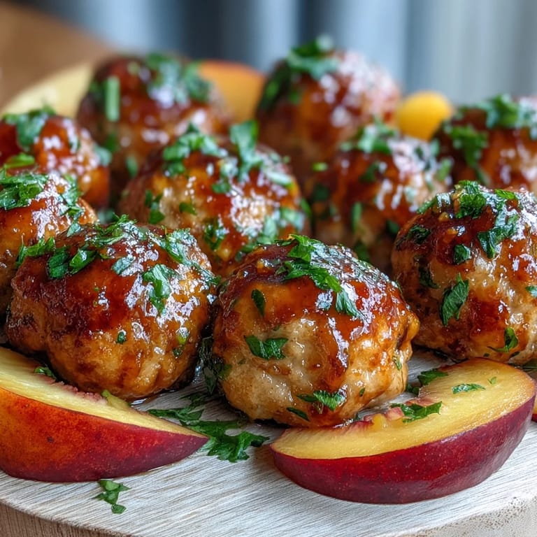 Plump hot honey peach chicken meatballs served with fresh peach garnish.