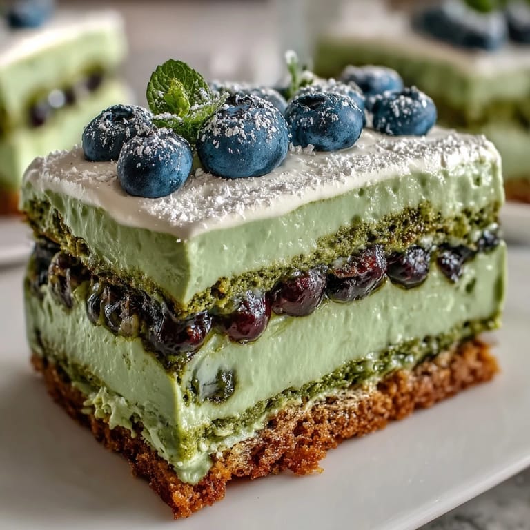 Sweet Blueberry Matcha Icebox Cake with a dusting of green tea powder.