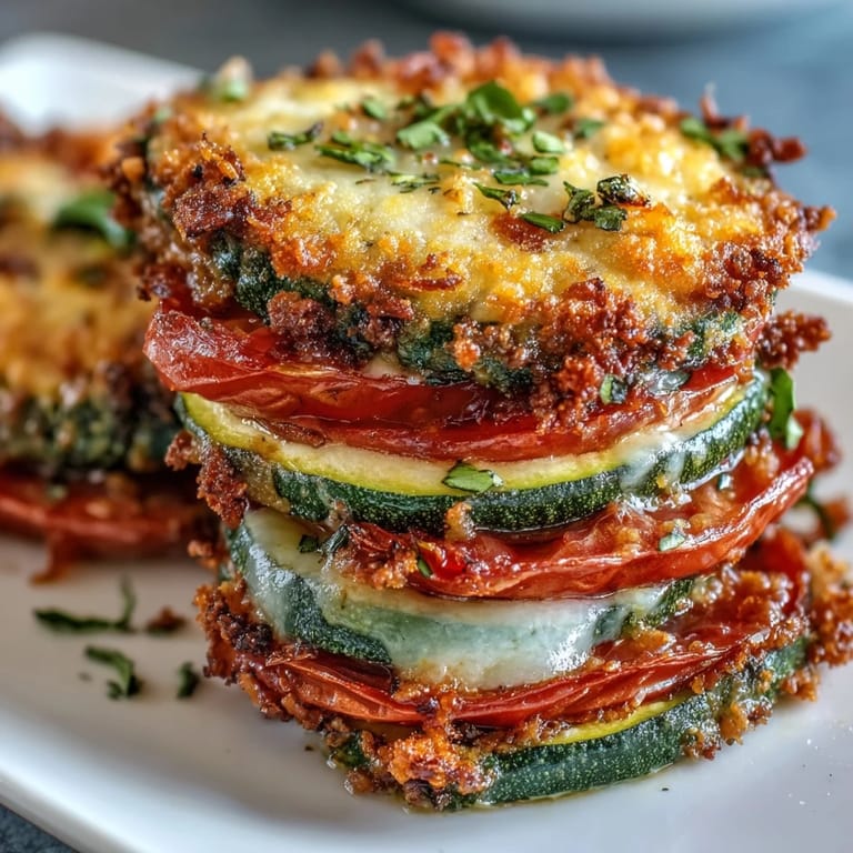 Hearty vegetarian Crispy Parmesan Tomato Zucchini Bake, a bubbling, tender layered delight.