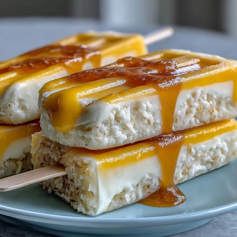 Frozen mango coconut rice pudding pops glistening with sweet, fruity layers.