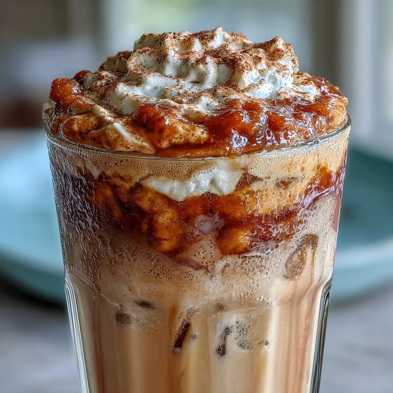 Enjoy this iced Peach Cobbler Cold Foam Chai, a sweet, spiced beverage.
