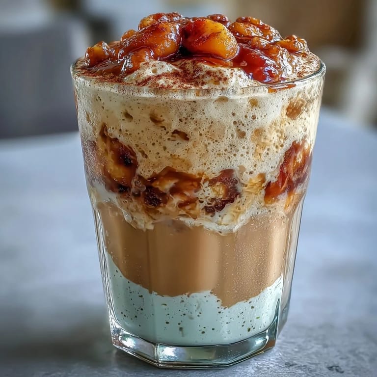 Creamy Peach Cobbler Cold Foam Chai, perfectly layered and ready to sip.