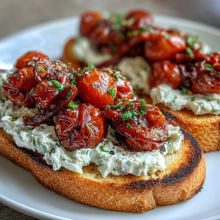 Golden-brown creamy tomato sardine toasts topped with vibrant blistered tomatoes.