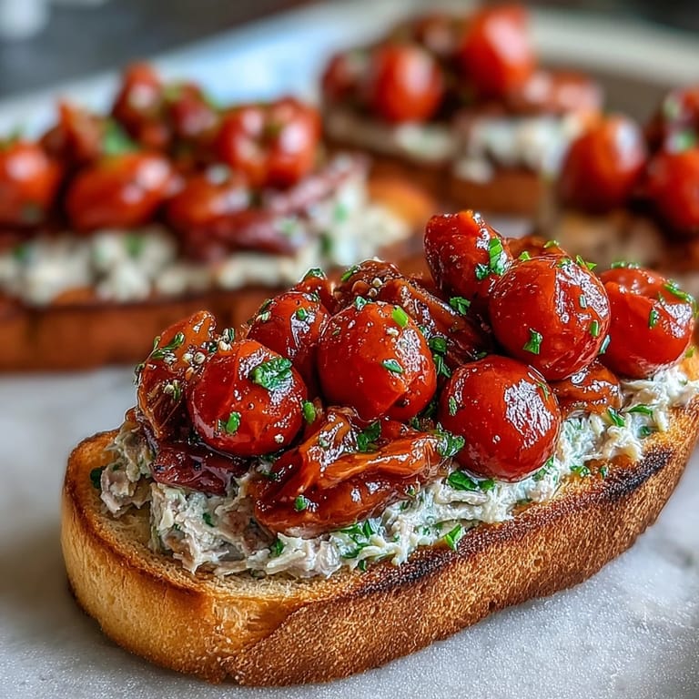 Toasted rustic bread piled high with warm, tender tomato sardine mixture.