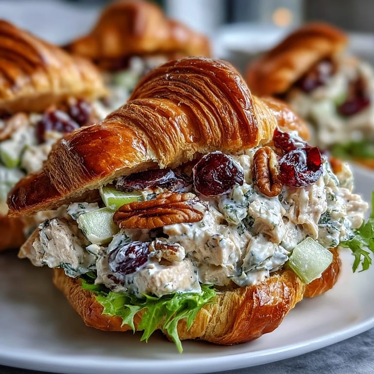 Tender Apple Cranberry Chicken Salad filling buttery croissants for a perfect bite.