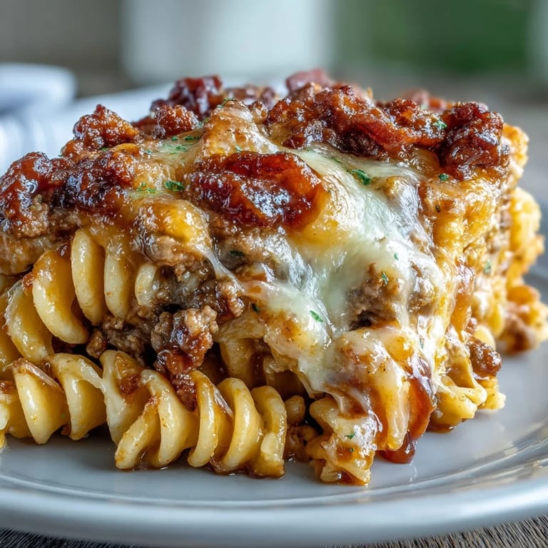 A comforting pan of BBQ Bacon Cheeseburger Pasta Bake, ready to be served hot.