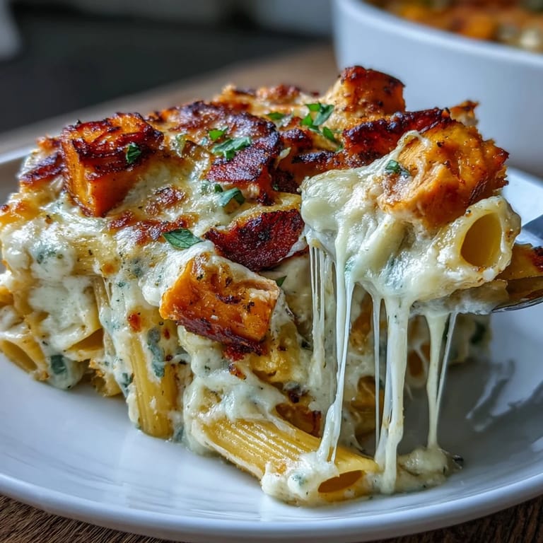 Hearty Butternut Squash Chicken Alfredo Bake, perfect for a cozy family dinner.
