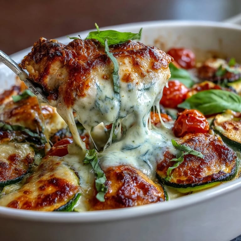 Comforting Creamy Tomato Zucchini Chicken Bake, a wholesome family dinner favorite.