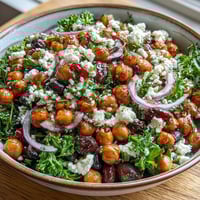 Freshly chopped parsley and crumbled feta cheese top a vibrant bowl of Divorce Salad with marinated beans and red onion slices.