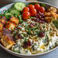 Savory cottage cheese breakfast bowl with fresh veggies and herbs for a protein-packed start to your day.  