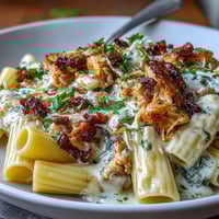 Creamy Crockpot Mississippi Chicken Pasta with tender shredded chicken and tangy pepperoncini in a rich, creamy sauce.