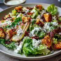 A vibrant celery Caesar salad with crunchy homemade croutons and shaved Parmesan in a creamy dressing.