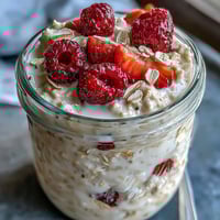 Healthy Easy Overnight Oats with Strawberry and Chia, topped with fresh berries and crunchy nuts for a nourishing breakfast.  