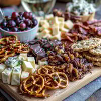 Vibrant grad party snack board overflowing with savory cheese, meats, veggies, and sweet berries, chocolate pretzels, and cookies for festive sharing.