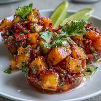 Tropical mango fruit cups with zesty lime and chili, perfect for a refreshing summer snack.  