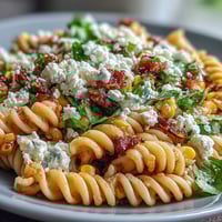 Vibrant elote corn pasta salad with Cotija cheese, charred sweet corn, and zesty lime dressing in a serving bowl.