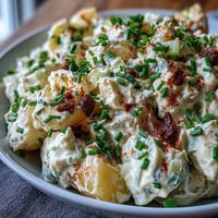Creamy Classic Deviled Egg Potato Salad with tender potatoes, tangy mustard dressing, and fresh herbs in a rustic serving bowl.