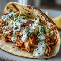 Roasted chicken cabbage tacos with tender shredded chicken, crisp marinated slaw, and zesty lemon crema in warm tortillas.  