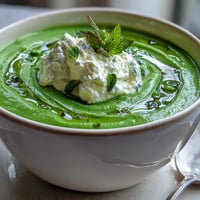 Vibrant spring pea soup, creamy whipped ricotta swirl, fresh mint oil drizzle.