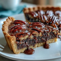 Decadent chocolate bourbon pecan tart, rich and gooey, perfect for dessert.