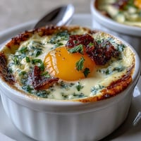 Easter Eggs en Cocotte with herbs and parmesan, baked in ramekins for a creamy, elegant brunch dish.