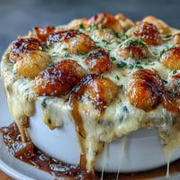 Creamy gnocchi in rich French onion soup, topped with melted Gruyère and toasted baguette slices.  