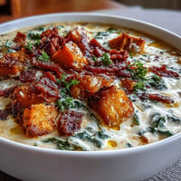 Hearty Smoky Sweet Potato Chowder with crispy pancetta and tender kale in a creamy broth.