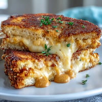 Golden, crisp Mayo-Crusted Grilled Cheese Hack oozing melted cheddar cheese, perfect comfort food.