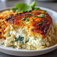 Creamy baked feta orzo with spinach, a comforting Mediterranean vegetarian delight.