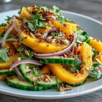 Vibrant Mango Cucumber Tajín Ribbon Salad with tangy lime and spicy chili.
