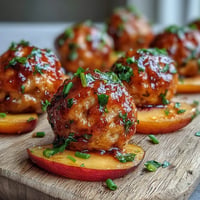 Juicy hot honey peach chicken meatballs glistening with sweet, spicy glaze.