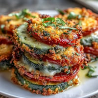 Golden, crispy baked zucchini and tomatoes with melted Parmesan, a delicious Italian side.