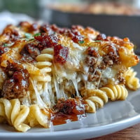 Melted cheddar atop bubbling BBQ Bacon Cheeseburger Pasta Bake, a hearty baked casserole.